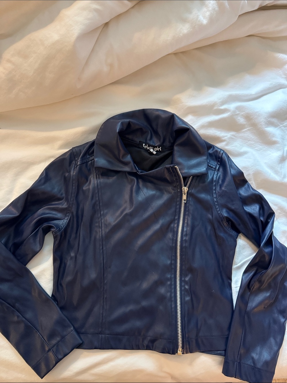Trixxi girls Navy Faux Leather Asymmetrical Zip Moto Jacket size small.